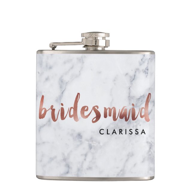 elegant faux rose gold white marble bridesmaid hip flask (Front)