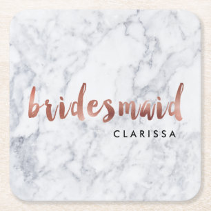 elegant faux rose gold white marble bridesmaid square paper coaster