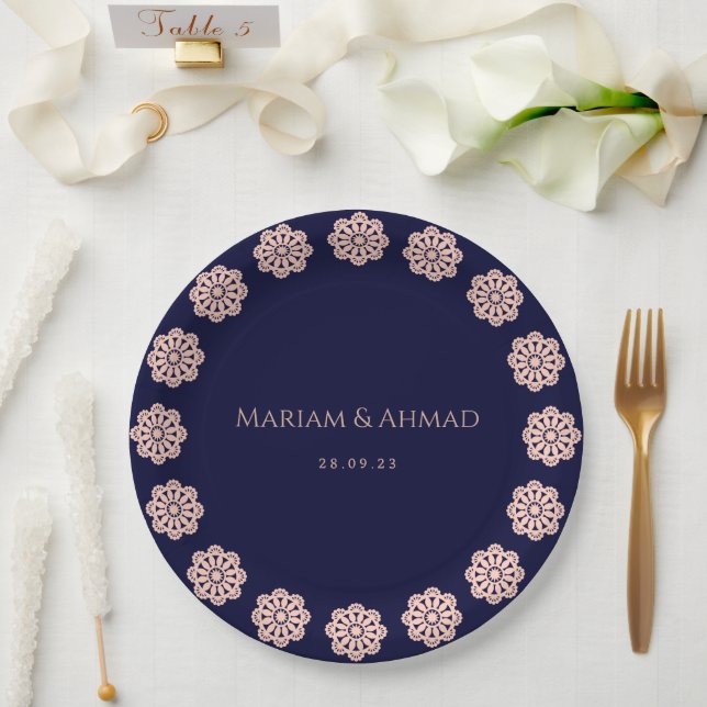 Elegant Faux Rose & Navy Ornamental Floral Wedding Paper Plate (Wedding)