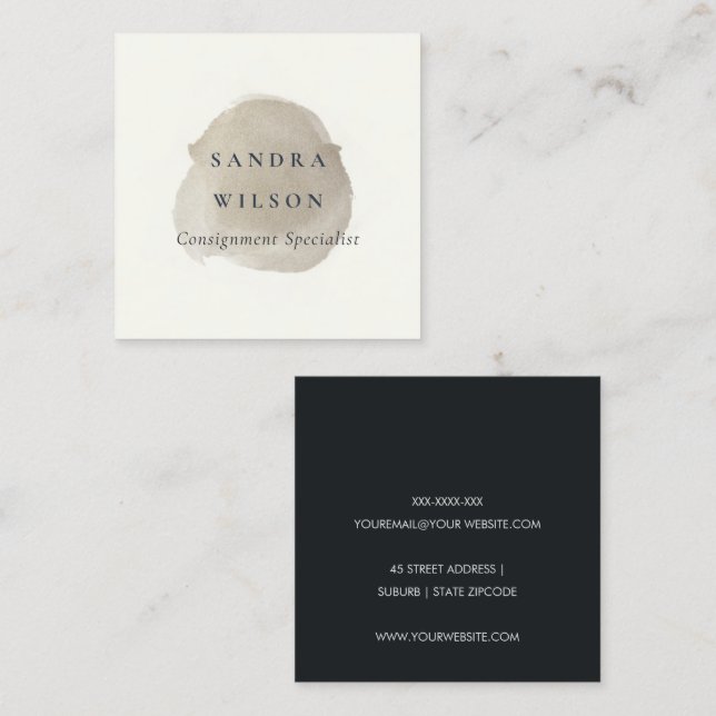 ELEGANT FAUX SILVER BLACK BRUSH STROKE MODERN SQUARE BUSINESS CARD (Front/Back)