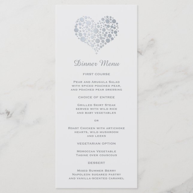 Elegant Faux Silver Foil Heart Slim Dinner Menu (Front)