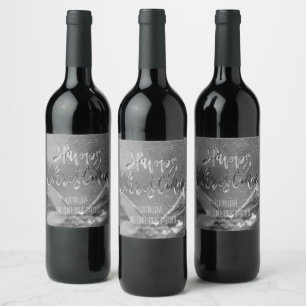 Elegant Faux Silver Foil Script Happy Christmas Wine Label