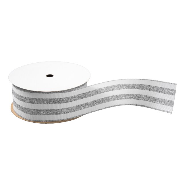 Elegant Faux Silver Glitter Stripe Pattern Grosgrain Ribbon (Spool)