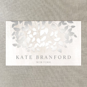 Elegant Faux Silver Leaves On White Marble Business Card