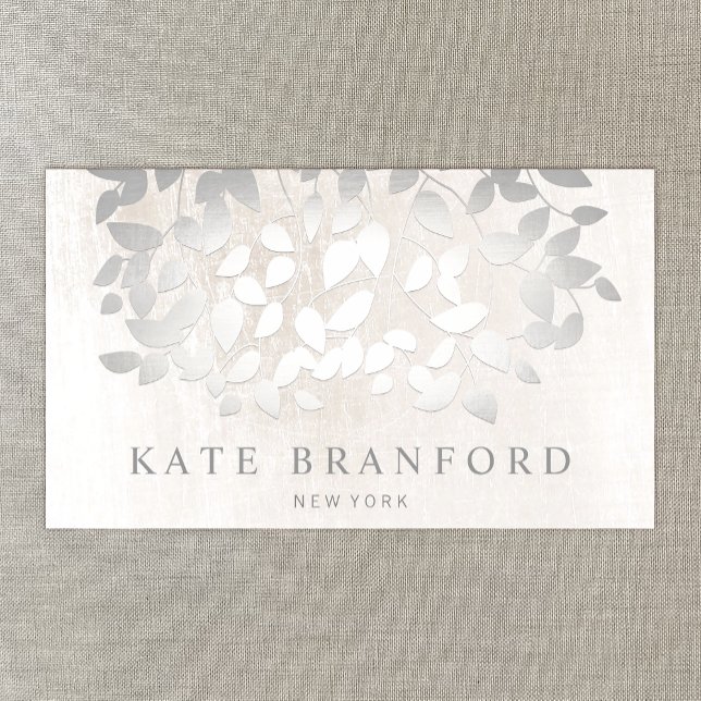 Elegant Faux Silver Leaves On White Marble Business Card (Creator Uploaded)