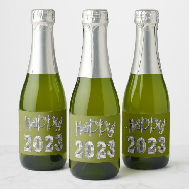 Elegant Faux Silver Lettering Happy New Year 2023 Sparkling Wine Label (Bottles)