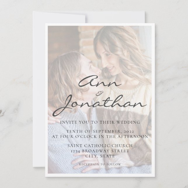 Elegant Faux Vellum Effect Photo Wedding Invitation (Front)