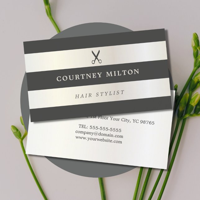 Elegant Faux White Gold Grey Stripes Hairstylist Business Card (Creator Uploaded)