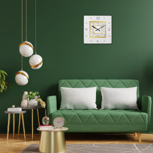 Elegant Faux White Leather Marble Gold Monogram Square Wall Clock