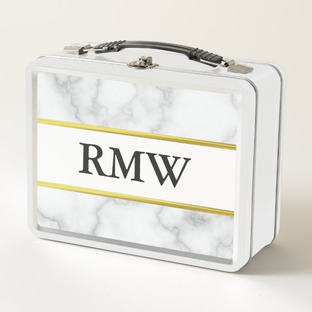 Elegant Faux White Marble Black Monogram Text Metal Lunch Box (Front)