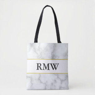 Elegant Faux White Marble & Gold Monogrammed Tote Bag