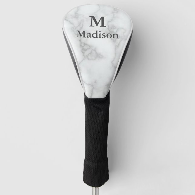 Elegant Faux White Marble Grey Name & Monogram Golf Head Cover (Front)