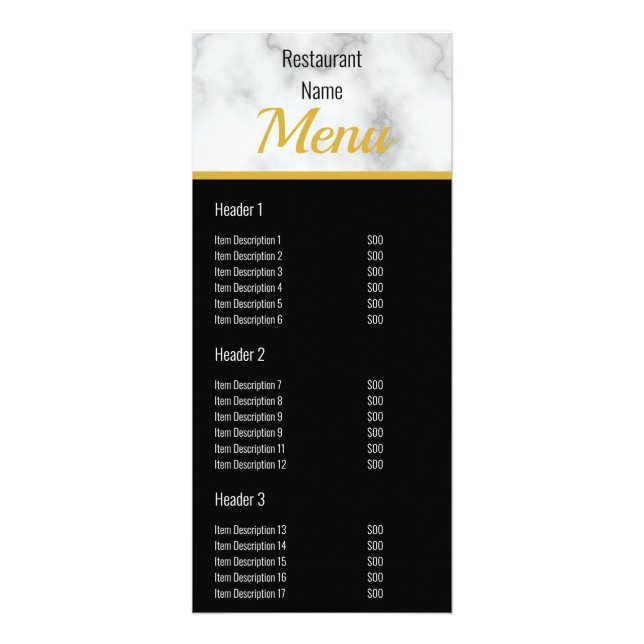 Elegant Faux White Marble Restaurant Menu (Front)