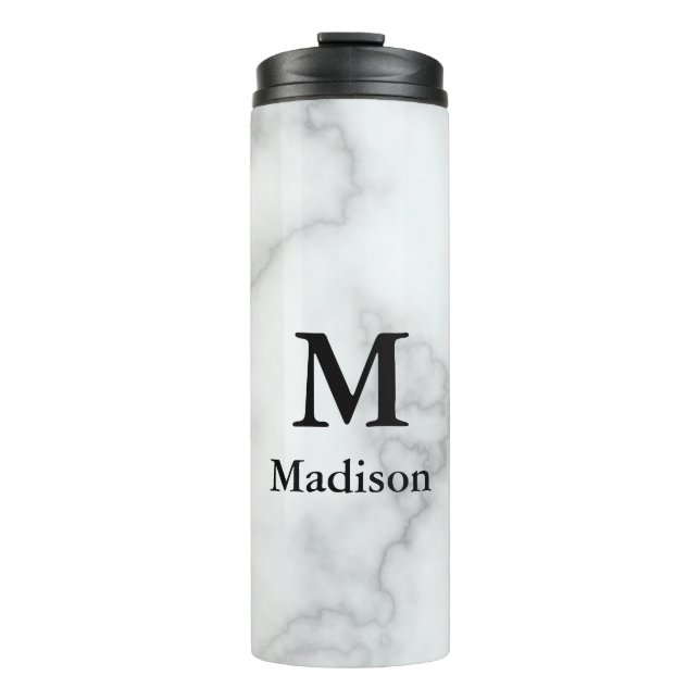 Elegant Faux White Marble with Name & Monogram Thermal Tumbler (Front)