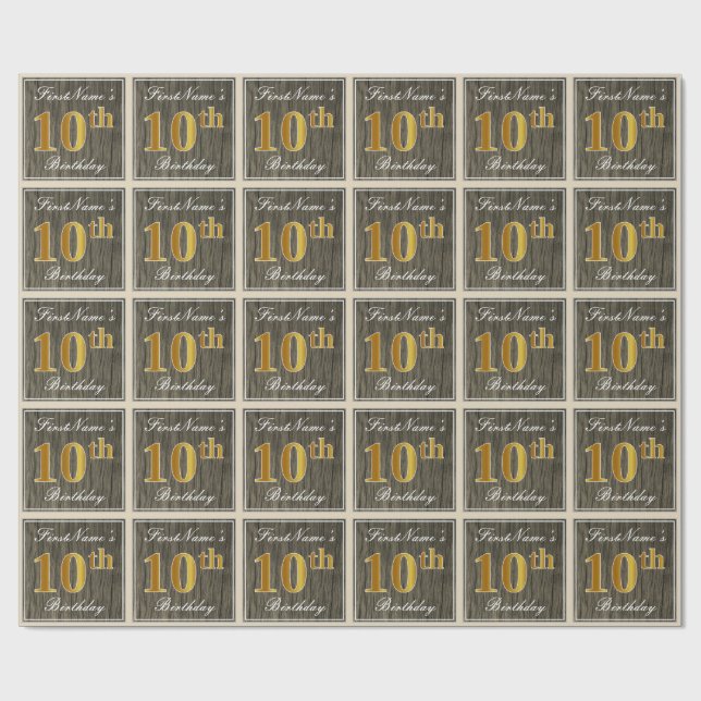 Elegant, Faux Wood, Faux Gold 10th Birthday + Name Wrapping Paper (Flat)