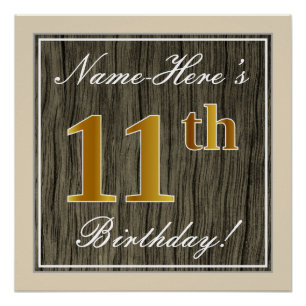 Elegant, Faux Wood, Faux Gold 11th Birthday + Name Poster
