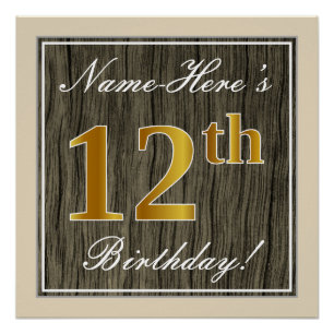 Elegant, Faux Wood, Faux Gold 12th Birthday + Name Poster