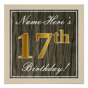 Elegant, Faux Wood, Faux Gold 17th Birthday + Name Poster