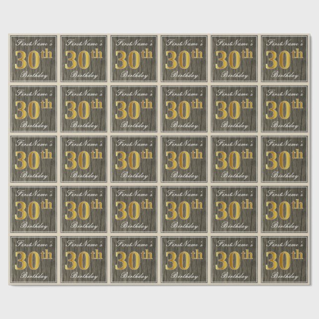 Elegant, Faux Wood, Faux Gold 30th Birthday + Name Wrapping Paper (Flat)