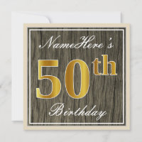 Elegant, Faux Wood, Faux Gold 50th Birthday + Name