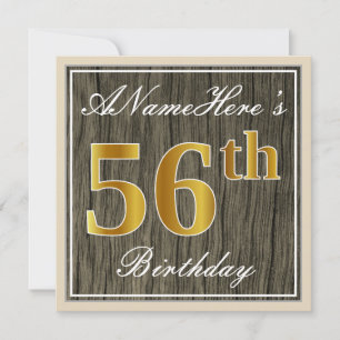 Elegant, Faux Wood, Faux Gold 56th Birthday + Name Invitation