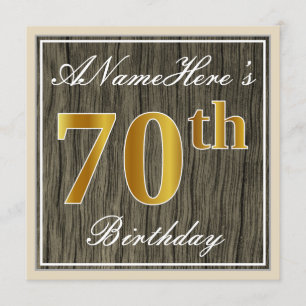 Elegant, Faux Wood, Faux Gold 70th Birthday + Name Invitation