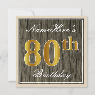 Elegant, Faux Wood, Faux Gold 80th Birthday + Name Invitation