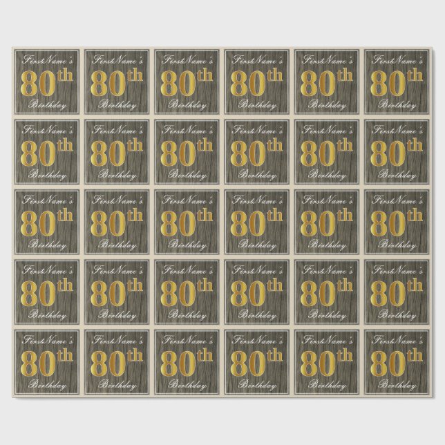 Elegant, Faux Wood, Faux Gold 80th Birthday + Name Wrapping Paper (Flat)