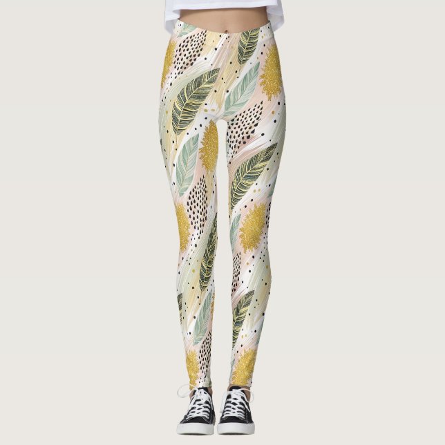 Elegant Feather & Abstract Brushstroke Seamless Leggings (Front)