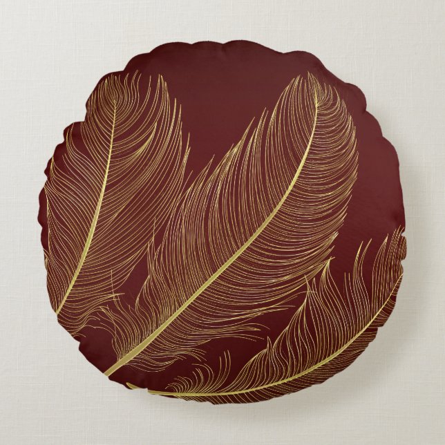 Elegant Feather Art In Rich Burgundy Luxury Tones Round Cushion (Front)