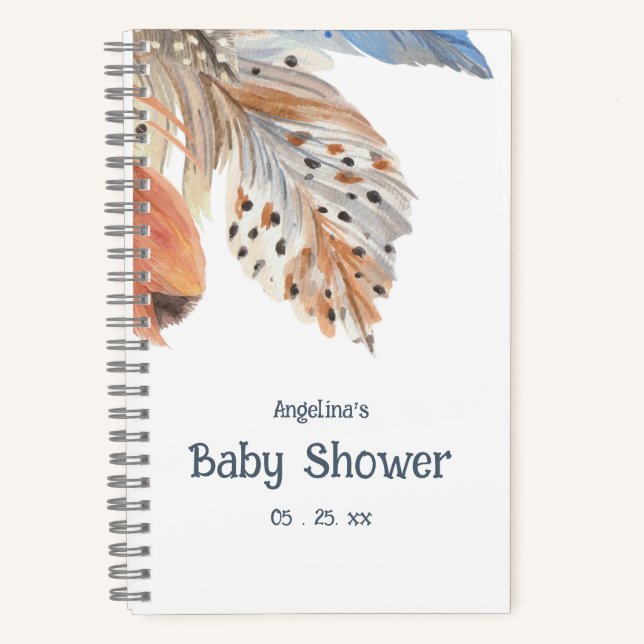 Elegant Feather Boho Baby Shower Gift List Notebook (Front)