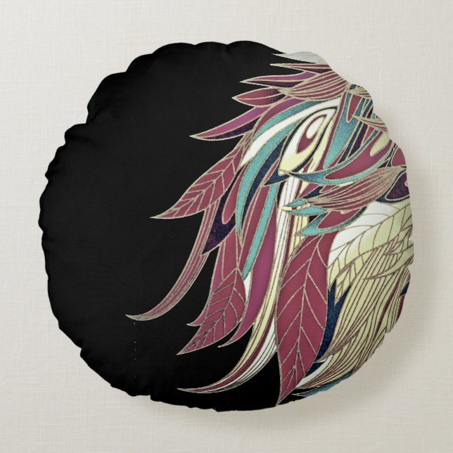 Elegant feather leaf abstract black teal gold red round cushion (Front)