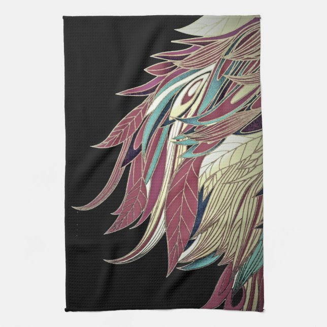 Elegant feather leaf abstract black teal gold red tea towel (Vertical)