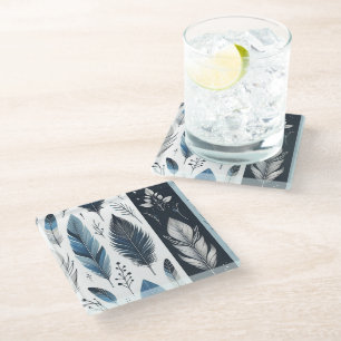 Elegant Feather Symphony in Blue & Silver Glass Coaster