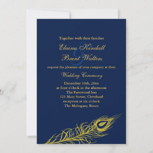 Elegant Feathers on Navy Wedding Invitation