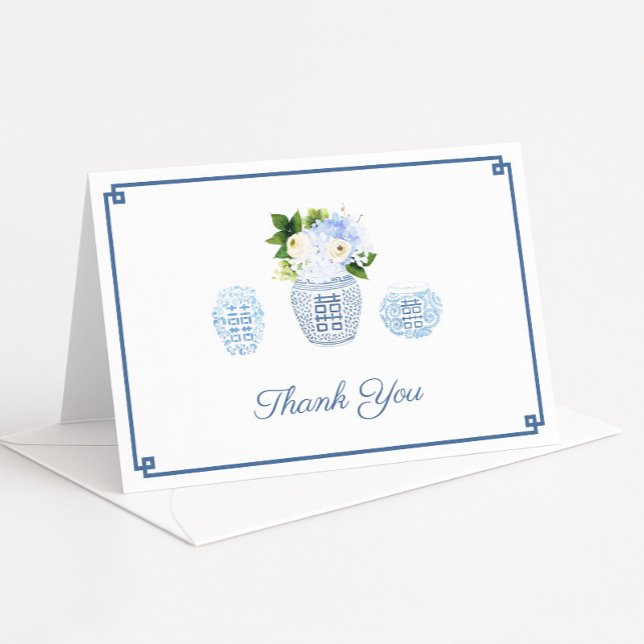 Elegant Female Ginger Jar Hydrangea Personalised Thank You Card (Chinoiserie chic ginger jars filled with watercolor blue and white flowers)