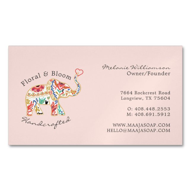 Elegant Feminie Floral Decorative Ornate Elephant Magnetic Business Card (Front)