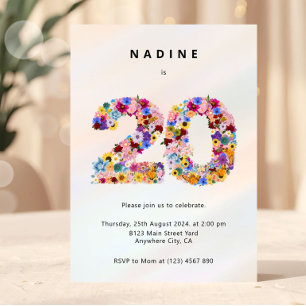 Elegant Feminine Chic Floral 20th Birthday Invitation
