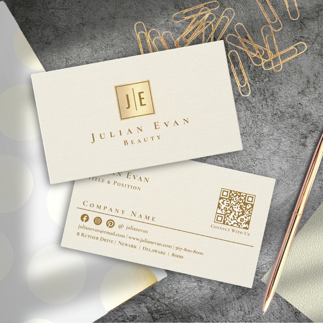 Elegant Feminine Creamy Gold Glitter Monogram Business Card (Creator Uploaded)