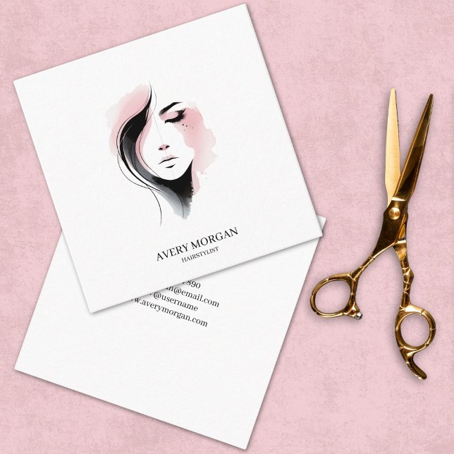 Elegant Feminine Face Line Art Pink Hair Stylist Square Business Card (Creator Uploaded)