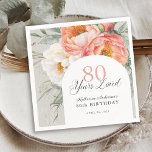 Elegant Feminine Floral 80th Birthday Napkin<br><div class="desc">Beautifully elegant and so charming, this peach and white watercolor floral birthday napkin celebrates "80 Years Loved". It's a sweet sentiment to remind the guest of honour just how much they are loved and admired. The lovely design features a beautiful bouquet of peach and ivory white watercolor peonies, eucalyptus and...</div>