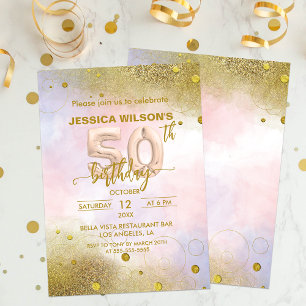  Elegant Feminine Gold Foil Balloons 50th Birthday Invitation