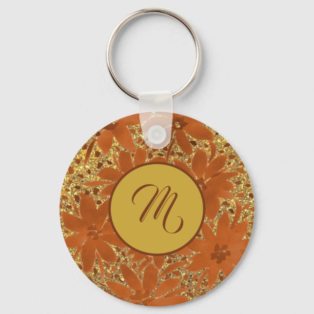 Elegant Feminine Monogrammed Gold Sparkle Key Ring (Front)