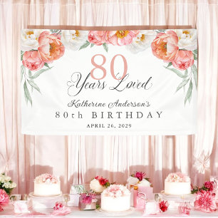 Elegant Feminine Peach Floral 80th Birthday Banner