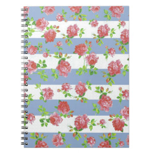 Elegant Feminine Pink Roses on Blue & White Stripe Notebook