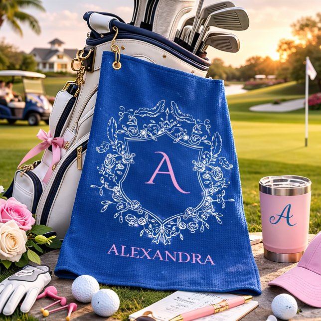 Elegant Feminine Preppy Classic Crest Monogram Golf Towel (lady crest navy golf towel)