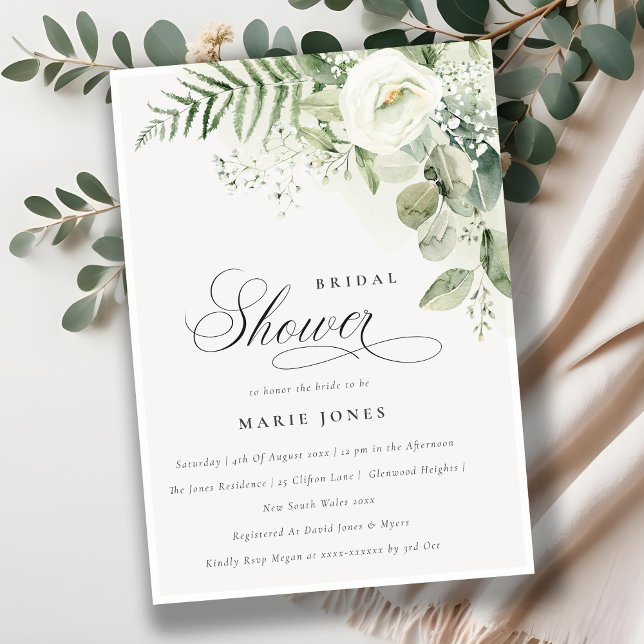 Elegant Fern Greenery White Floral Bridal Shower Invitation (Creator Uploaded)