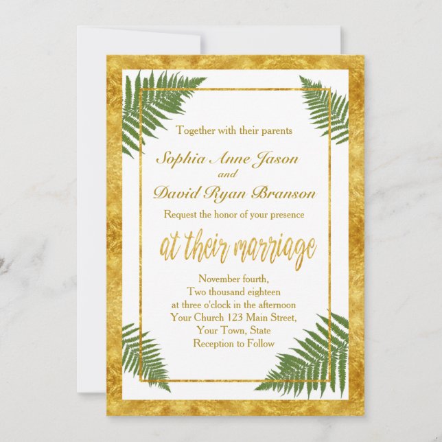 Elegant Fern Leaves Gold Foil Wedding Invitation (Front)