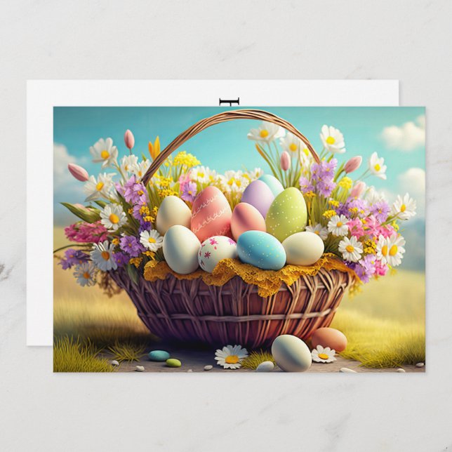 Elegant Festive Basket Of Easter Eggs Holiday Card (Front/Back)