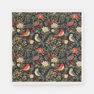 Elegant Festive Birds & Floral Christmas Red Napkin
